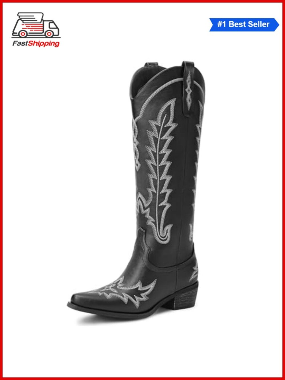 ✨ Knee High Cowboy Boots Pointed Toe Chunky Heel Pull On Western Boots
